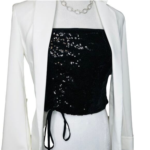 WAYF Black Sequin Crop Cami Top Size S Ruched Front Drawstring Tie NWT - Picture 3 of 12